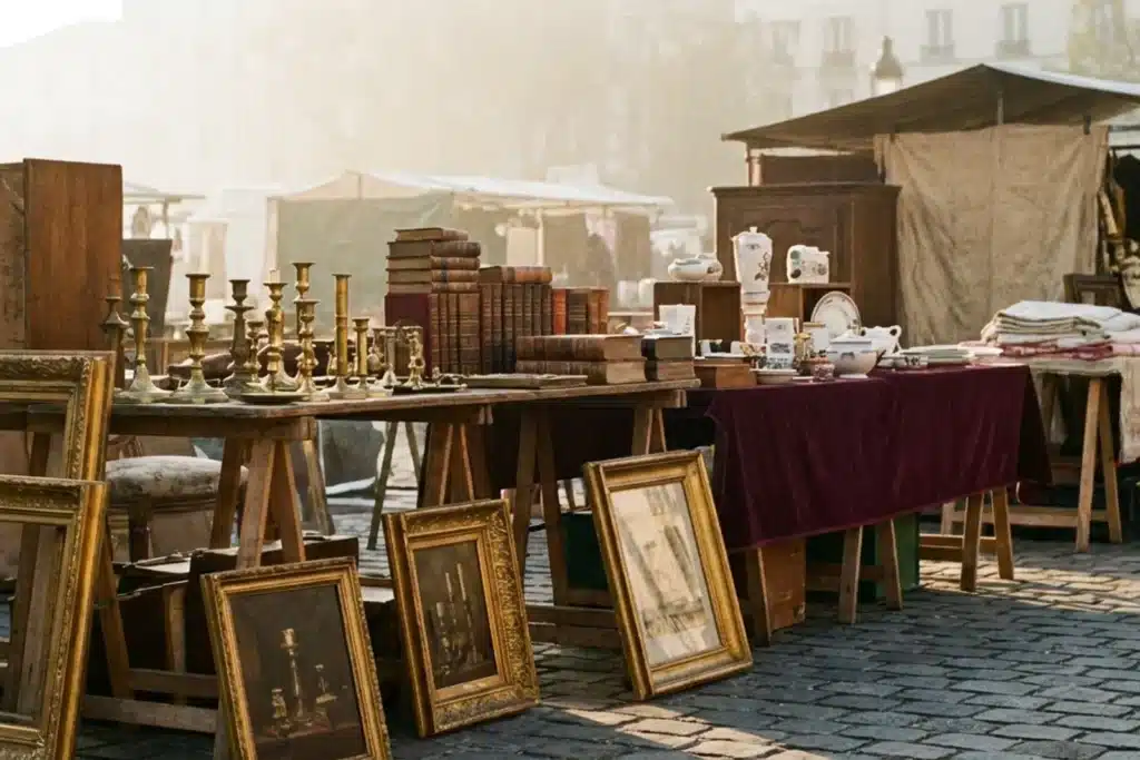 Étals d'un marché aux puces parisien avec chandelles en laiton et livres anciens sur pavés