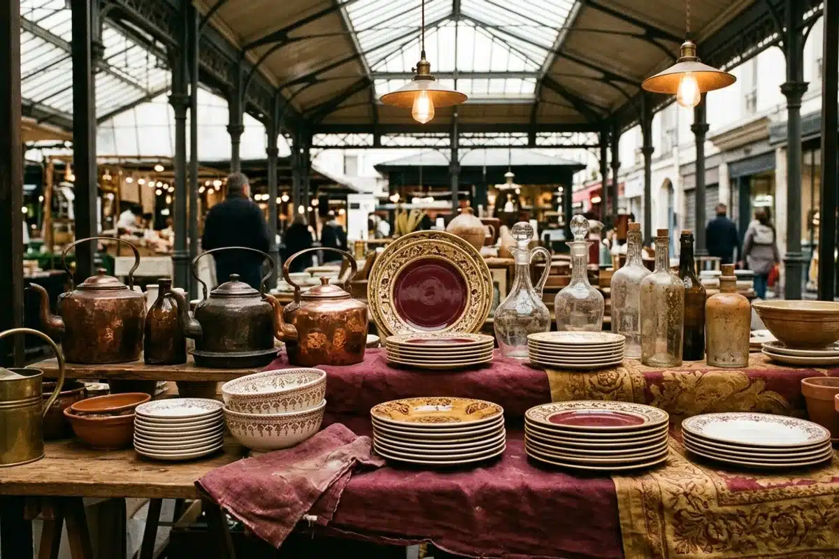Vaisselle vintage dans un marché couvert parisien Étal de vaisselle vintage dans un marché couvert de Paris avec assiettes, théière et carafes