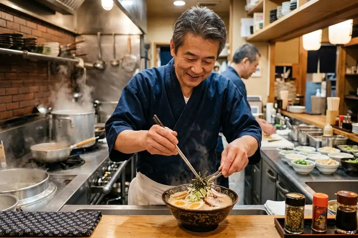 Chef japonais préparant un bol de ramen dans une cuisine ouverte à Paris