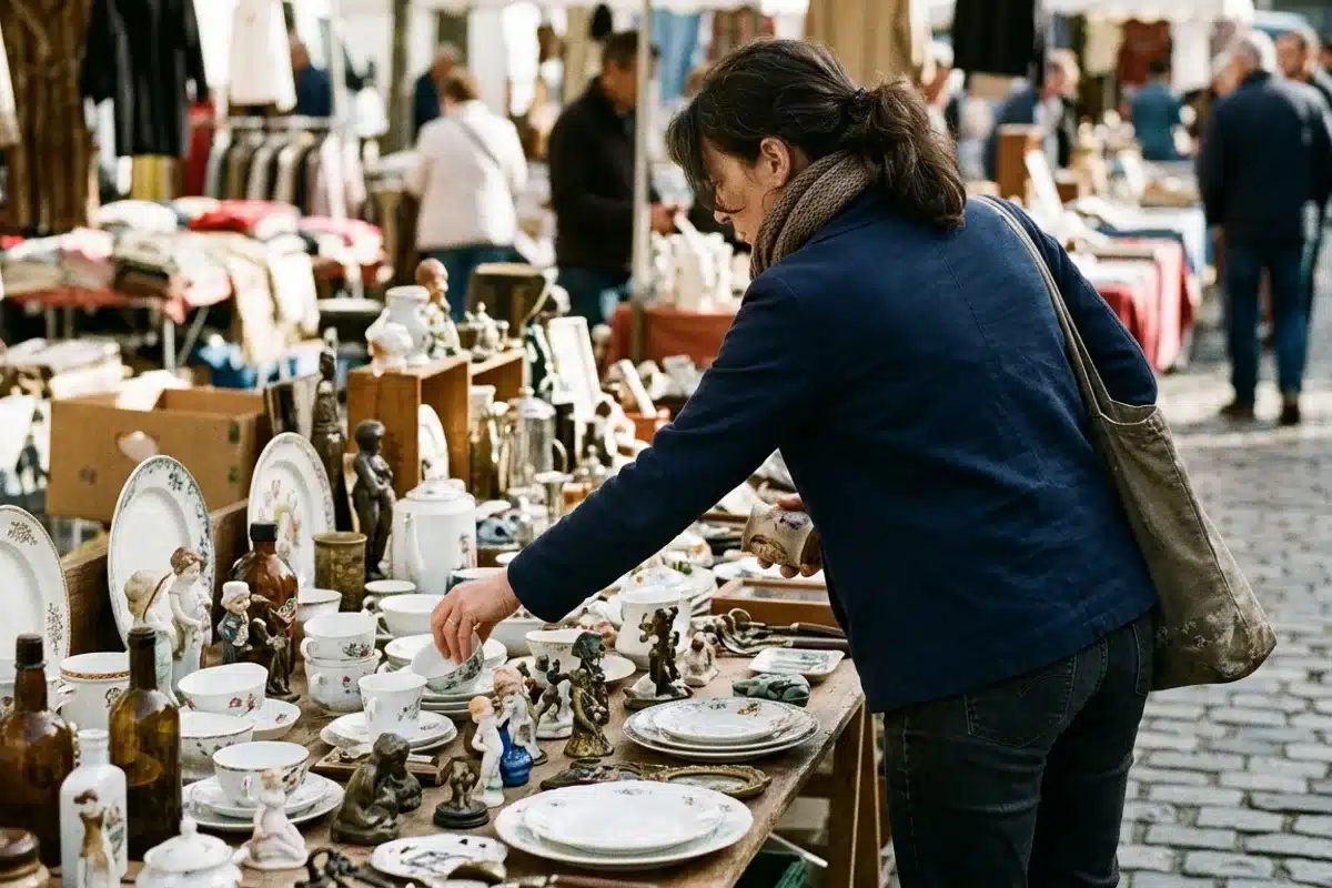 Chiner aux puces de Saint-Ouen Personne chinant parmi des objets de collection sur un étal des puces de Saint-Ouen