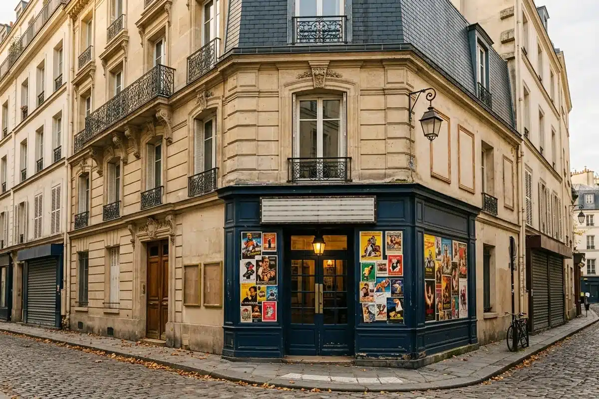 Façade d'un petit cinéma indépendant dans une rue pavée du Quartier latin à Paris, affiches de films colorées