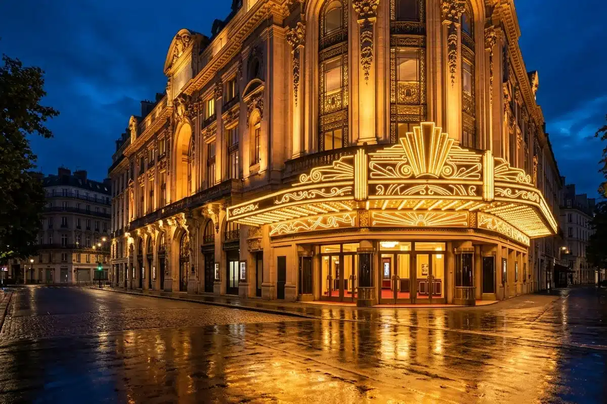 Façade illuminée d'un cinéma historique parisien de nuit, enseigne lumineuse Art Déco sur les Grands Boulevards