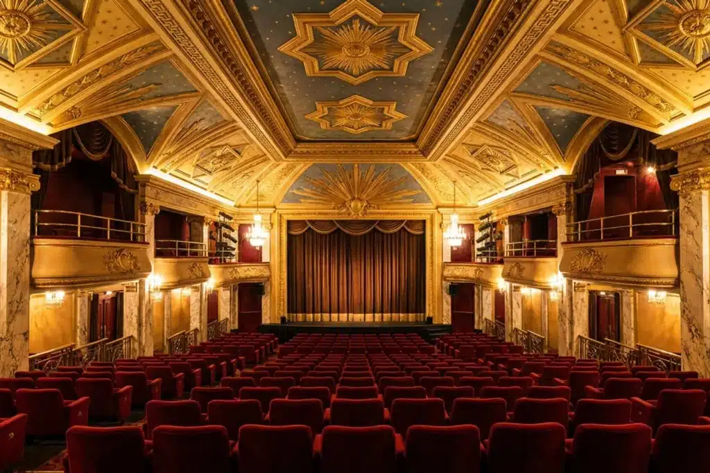 Intérieur d'une grande salle de cinéma Art Déco à Paris, rangées de fauteuils rouges et plafond décoré sous lumière dorée