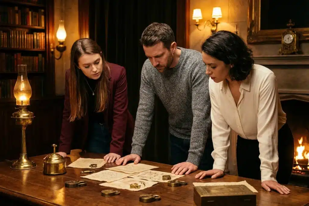 Trois joueurs penchés sur une table couverte de parchemins et de cadenas dans une salle d'escape game au décor victorien à Paris