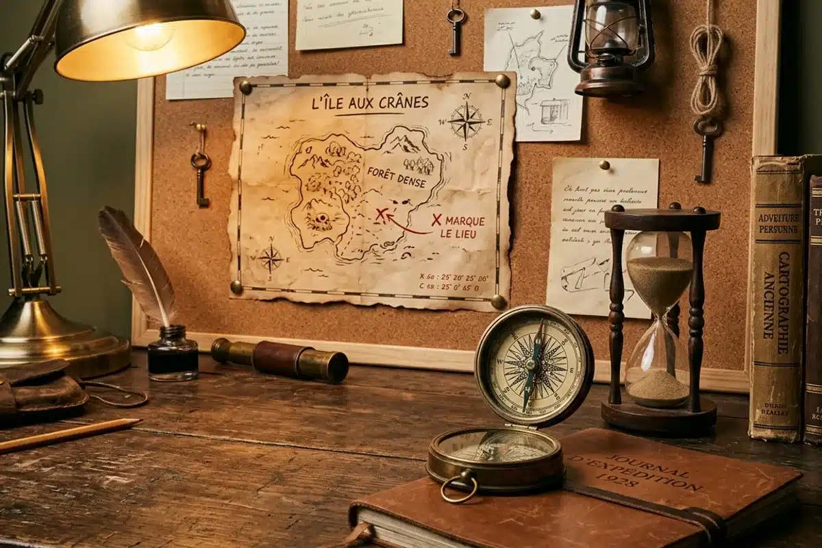 Bureau d'aventurier avec carte au trésor épinglée sur un tableau de liège, boussole et sablier, décor typique d'une salle d'escape game à Paris