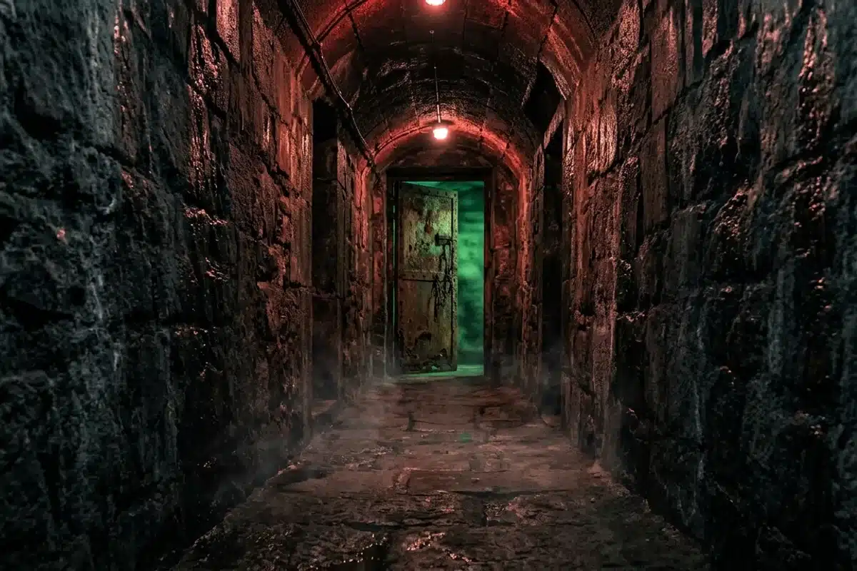 Couloir sombre en pierre avec porte métallique rouillée et lumière verte, atmosphère thriller d'un escape game horreur à Paris