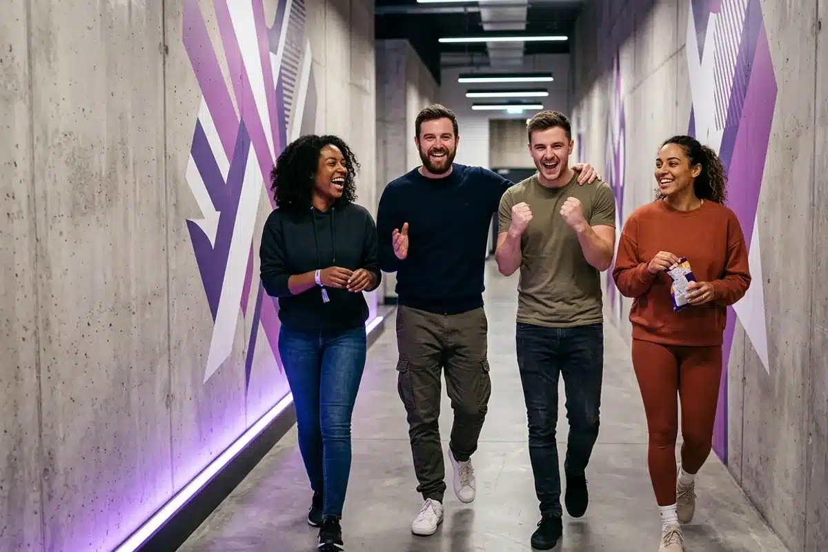 Groupe de quatre amis souriant dans un couloir aux motifs violets après une session d'escape game réussie à Paris