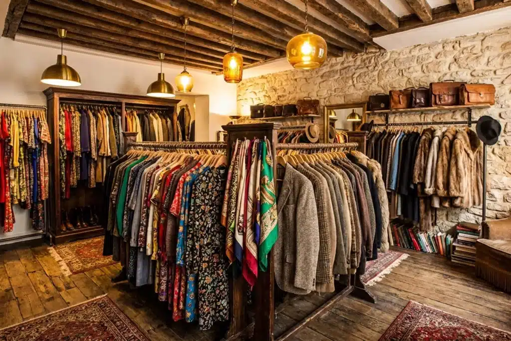 Intérieur d'une friperie parisienne avec des portants de vêtements vintage colorés et un éclairage chaleureux