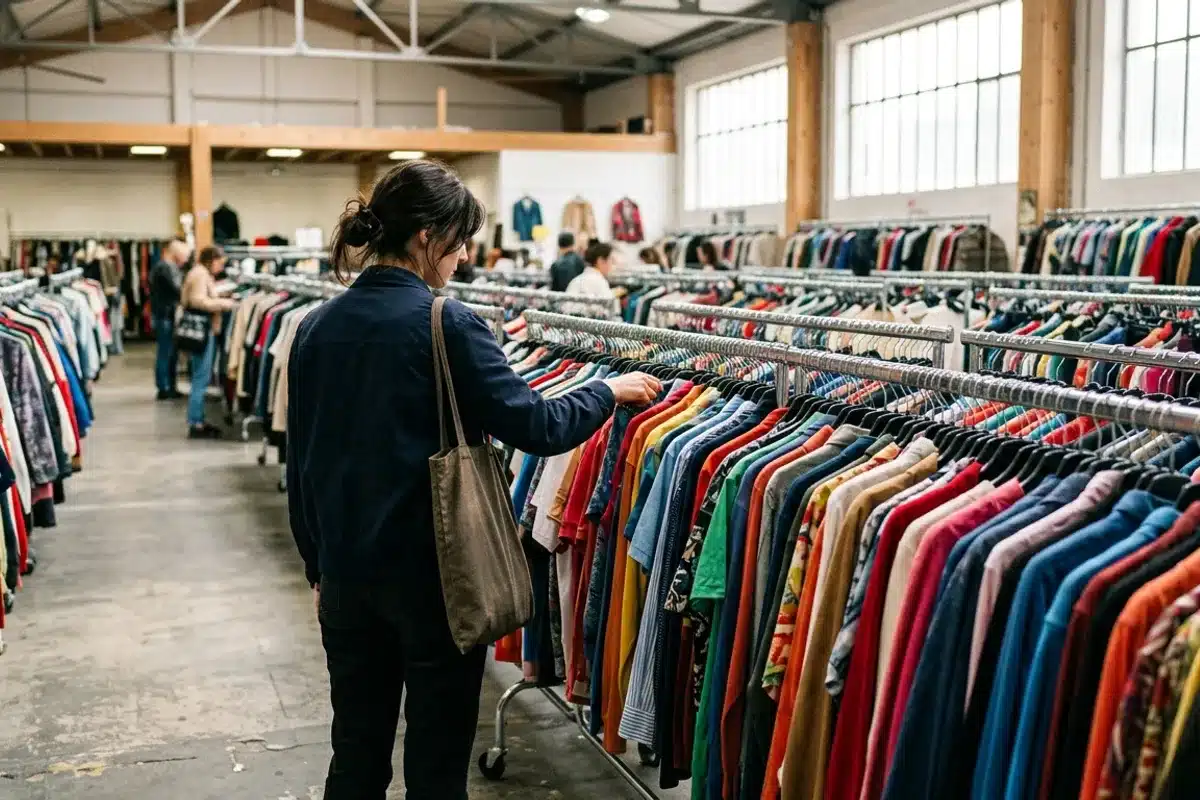 Shopping dans une friperie pas chère à Paris, vêtements de seconde main Personne en train de chiner des vêtements dans une grande friperie pas chère à Paris
