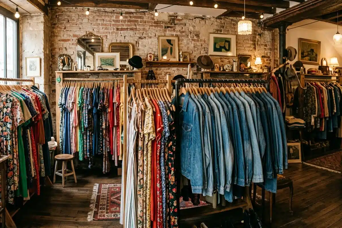Friperie vintage dans le Marais à Paris, portants de robes et vestes de seconde main Portants de robes et vestes vintage dans une friperie du Marais à Paris, éclairage chaleureux