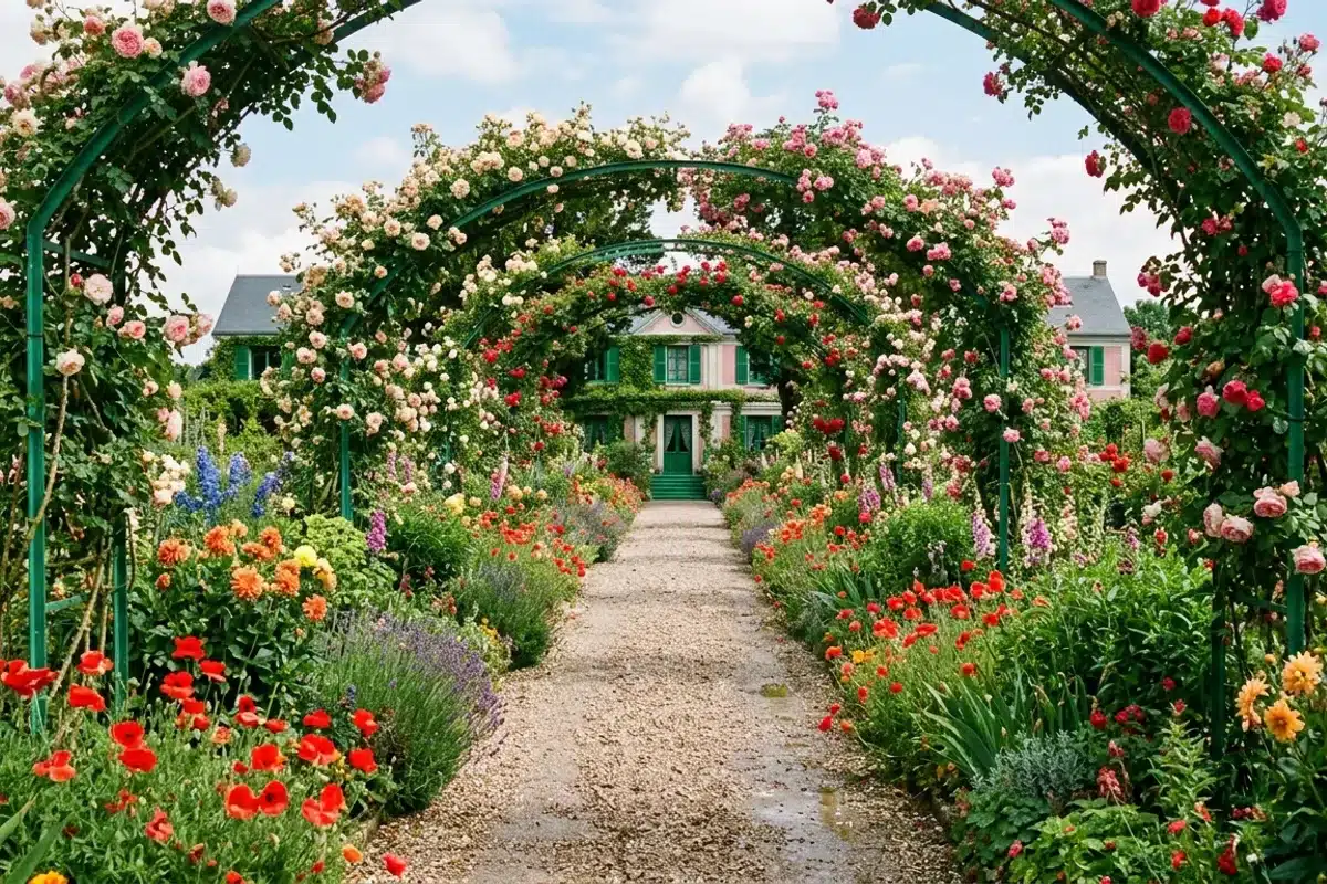 Allée bordée de coquelicots et de roses dans le Clos Normand du jardin de Monet à Giverny