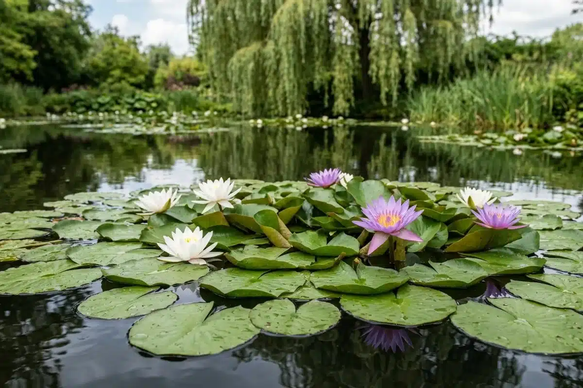 Nymphéas blancs et mauves flottant sur l'étang du jardin de Monet à Giverny