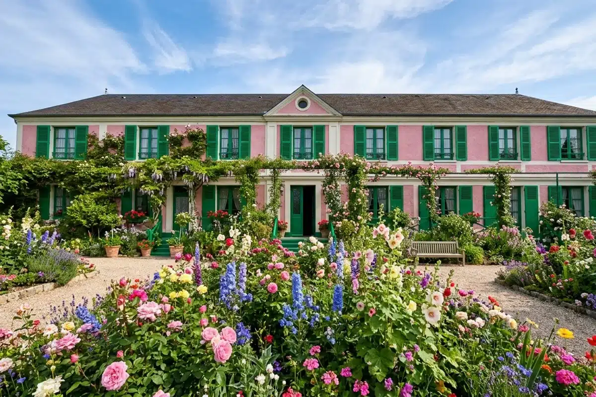 La maison rose de Claude Monet à Giverny, avec ses volets verts et ses massifs de fleurs