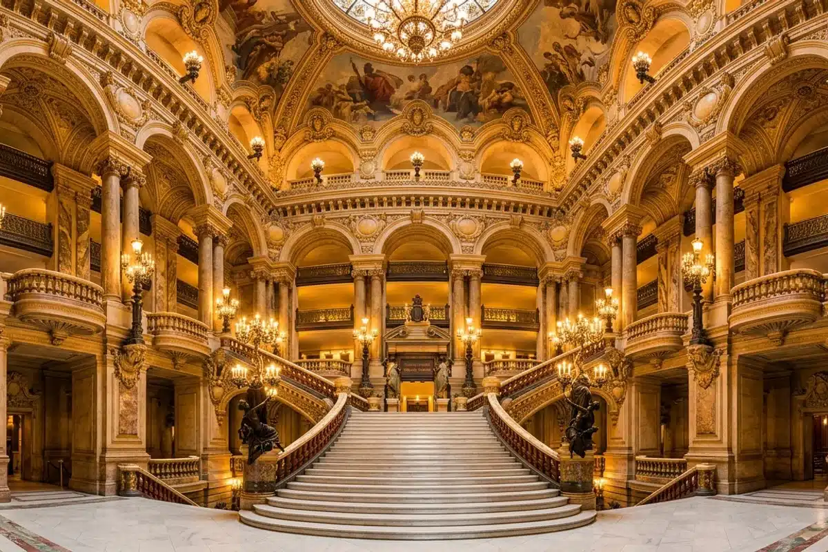 Grand Escalier du Palais Garnier Grand Escalier monumental de l'Opéra Garnier, marbre blanc et rampes dorées