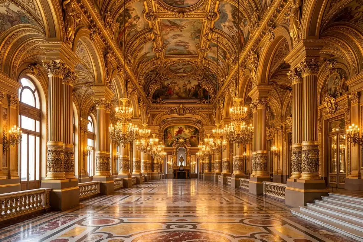 Grand Foyer du Palais Garnier Grand Foyer de l'Opéra Garnier à Paris, longue galerie aux colonnes dorées et fresques de Paul Baudry