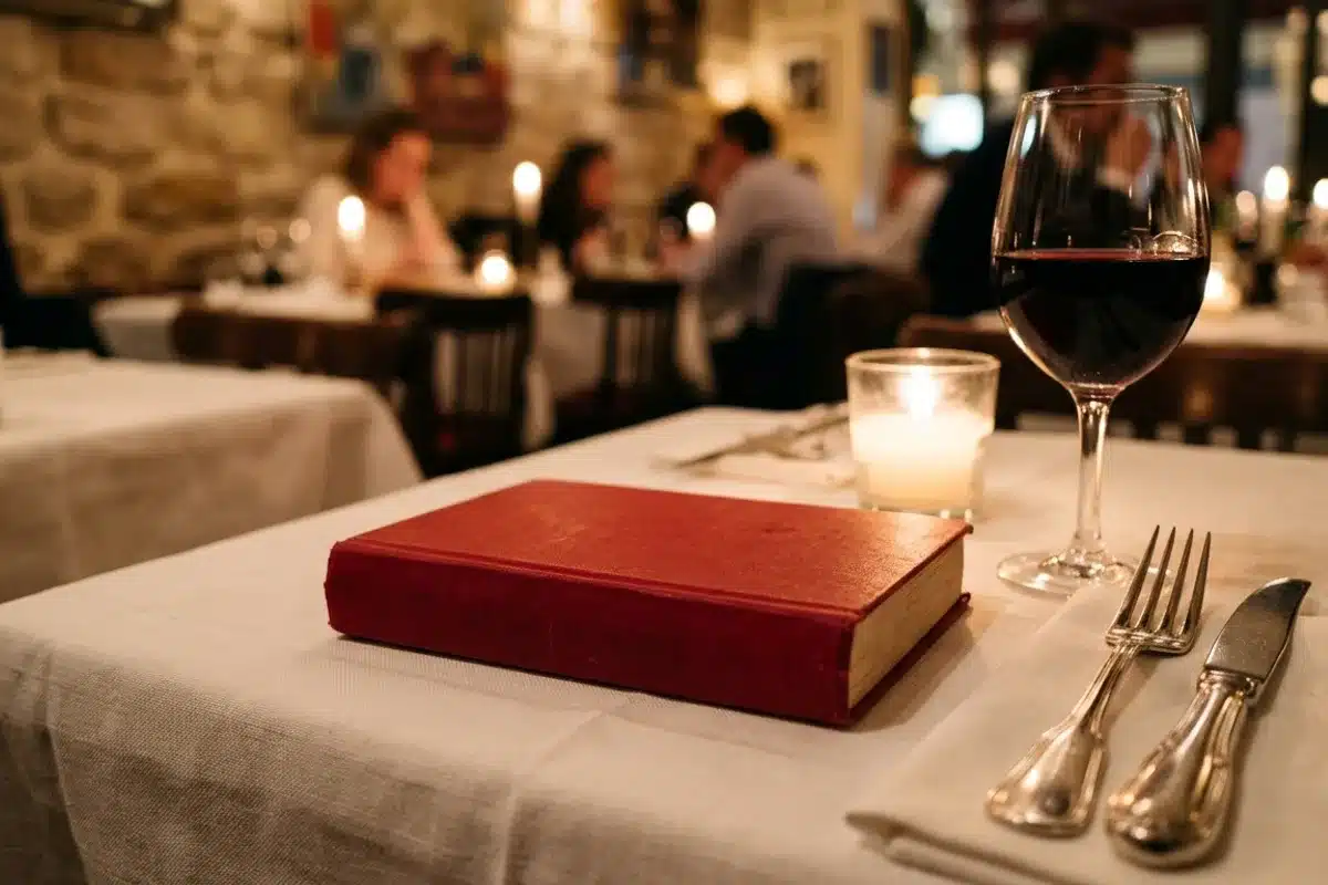 Guide Michelin rouge sur nappe blanche, verre de vin rouge et couverts argentés dans un restaurant étoilé parisien