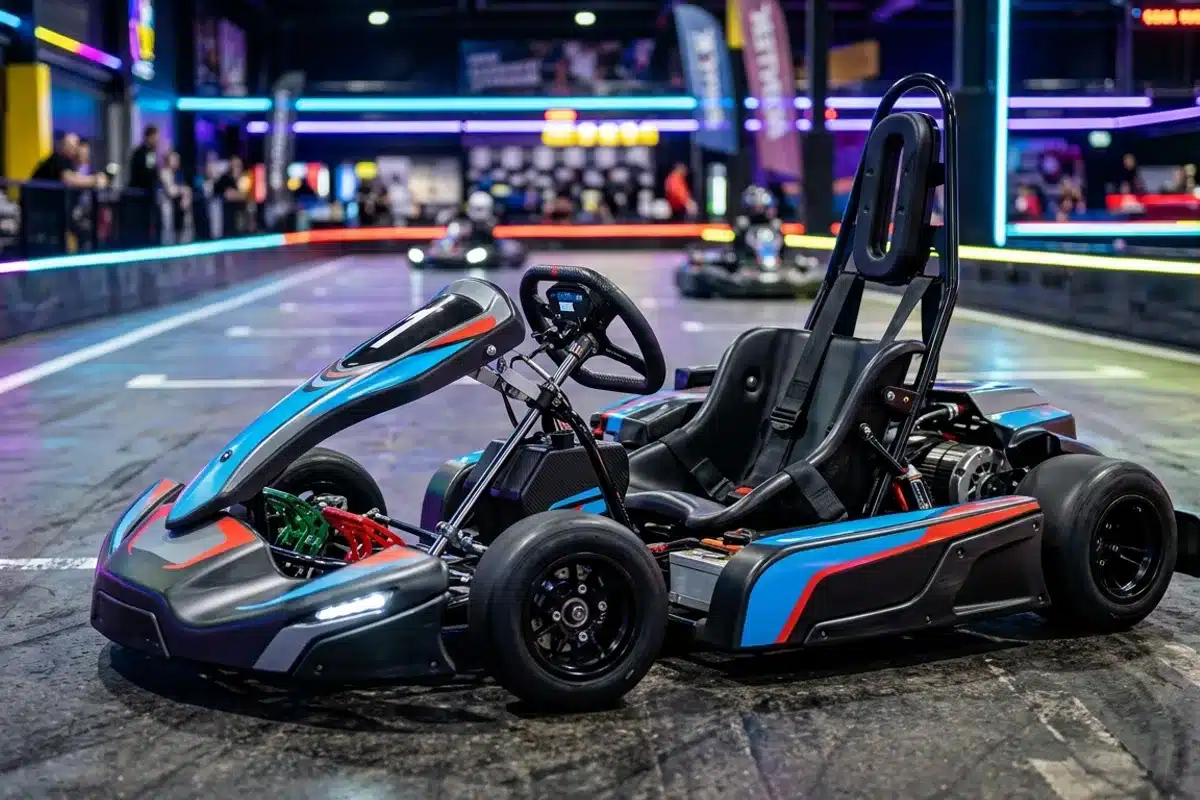 Kart électrique au design épuré sur circuit indoor, détail avant du bolide