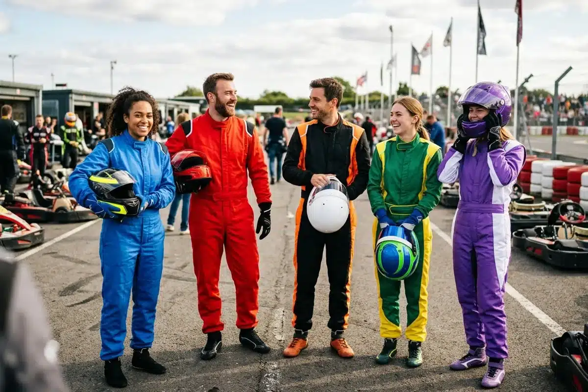 Groupe d'amis en combinaisons de karting dans le paddock, équipés et souriants