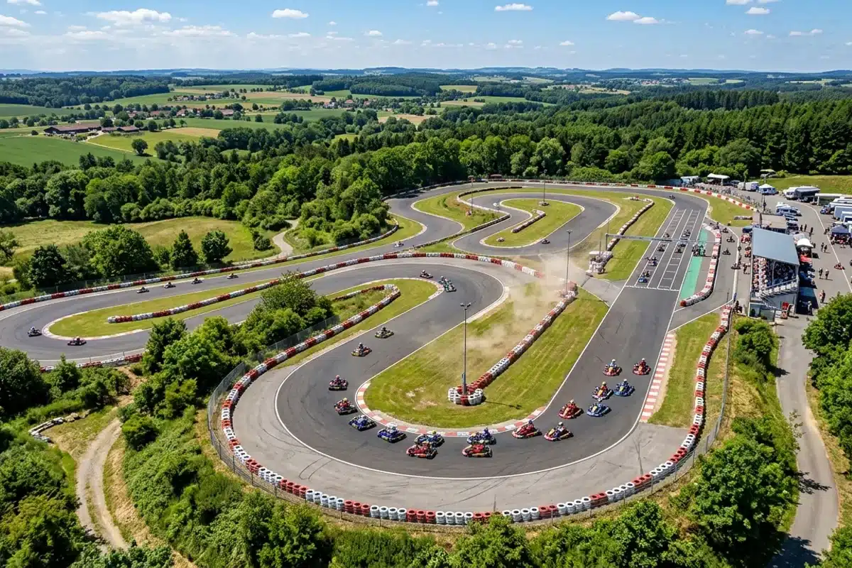 Grande piste de karting outdoor en Île-de-France, vue aérienne avec karts en course