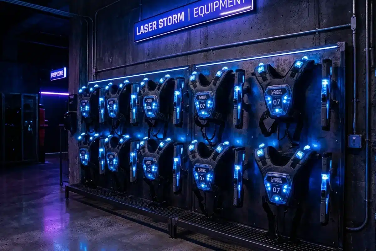Gilets de laser game dans une salle d'équipement Mur de gilets de laser game LED alignés dans une salle d'équipement sous éclairage bleu néon