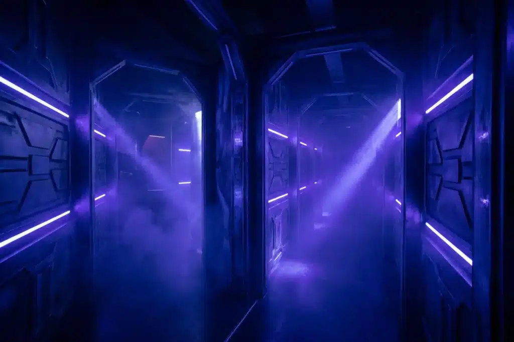 Couloir futuriste d'une arène de laser game à Paris avec néons bleus et violets dans la brume