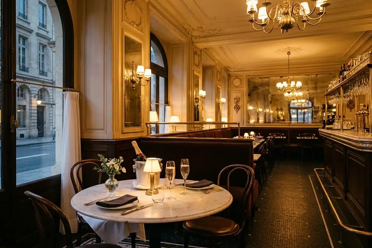 Salle brasserie parisienne Tour Eiffel Table dressée dans une brasserie parisienne élégante, verres à champagne, lumière dorée