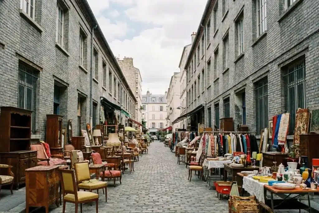 Allée des puces de Saint-Ouen avec étals d'antiquités colorés, plan large