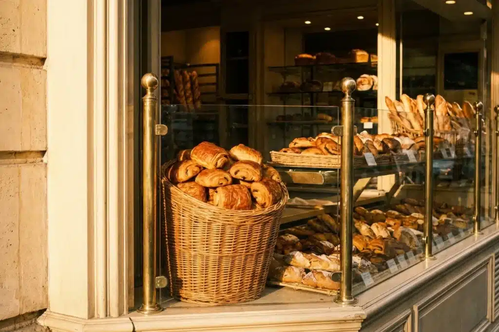 Pain au chocolat doré dans la vitrine d'une boulangerie parisienne artisanale, au lever du soleil