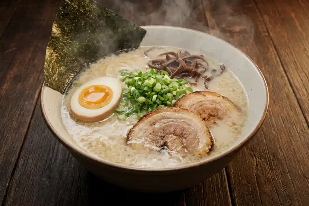 Bol de ramen tonkotsu garni d'un oeuf mollet, de chashu et de nori dans un restaurant parisien