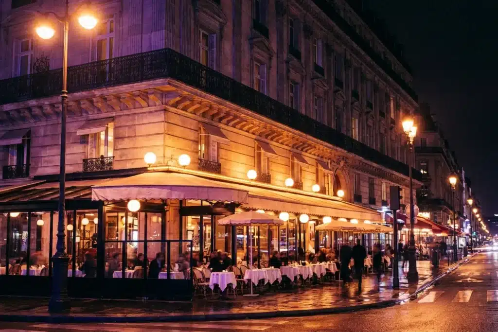 Terrasse d'une grande brasserie parisienne sur les Champs-Élysées le soir, tables dressées et lumières chaudes