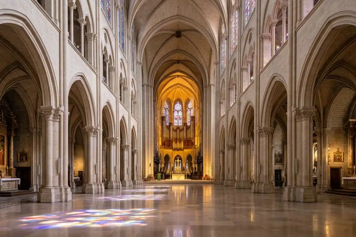 Intérieur de la nef centrale de Notre-Dame de Paris restaurée, arcs en ogive en pierre blonde et vitraux colorés filtrant la lumière