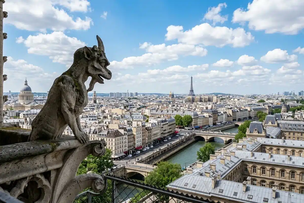 Chimère en pierre des tours de Notre-Dame de Paris avec vue panoramique sur les toits haussmanniens et la Tour Eiffel