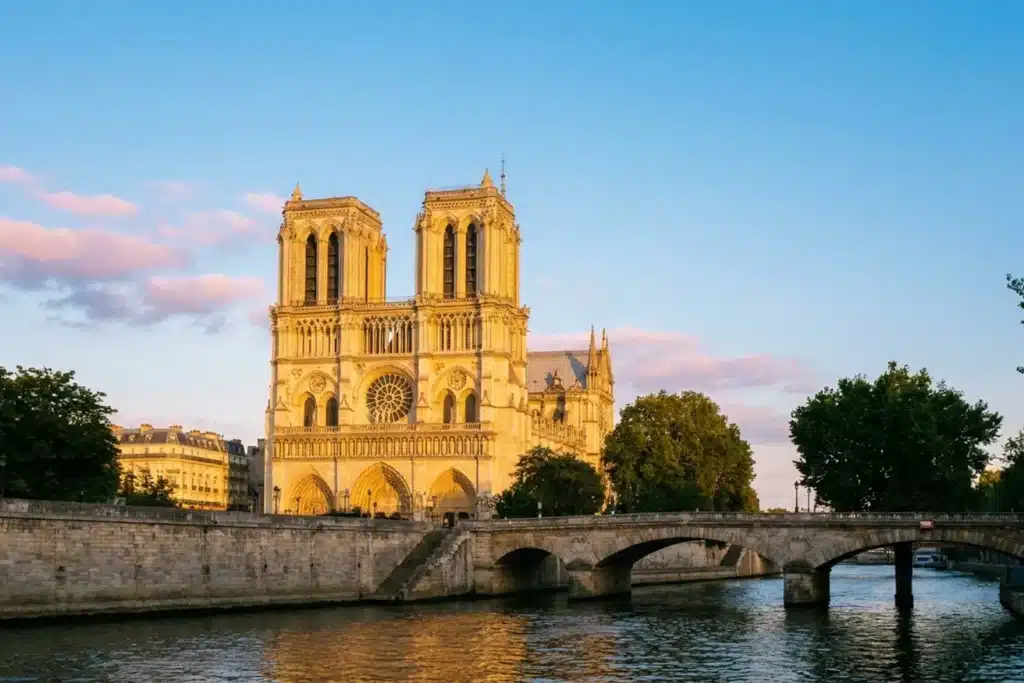 Vue extérieure de Notre-Dame de Paris depuis les berges de la Seine au lever du soleil, façade gothique dorée et pont en pierre