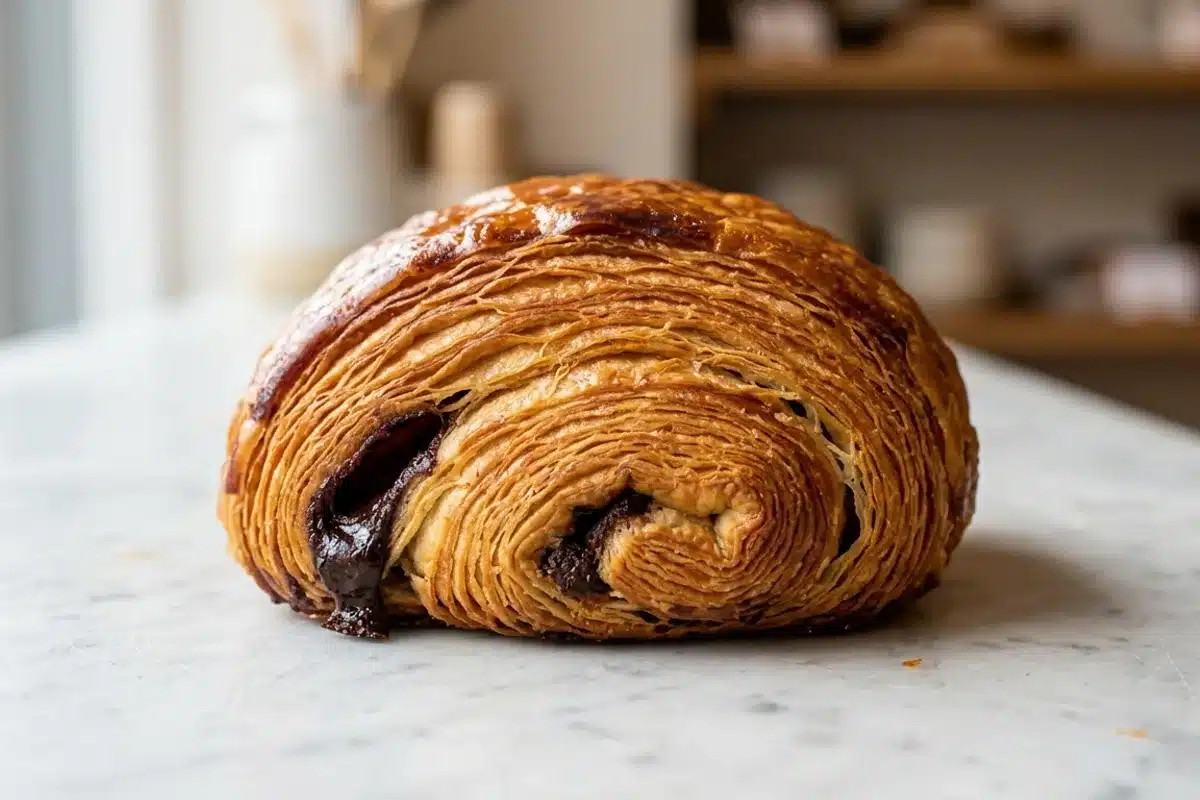 Pain au chocolat artisanal feuilleté Gros plan d'un pain au chocolat parisien avec son feuilletage doré et croustillant, révélant le chocolat noir à l'intérieur