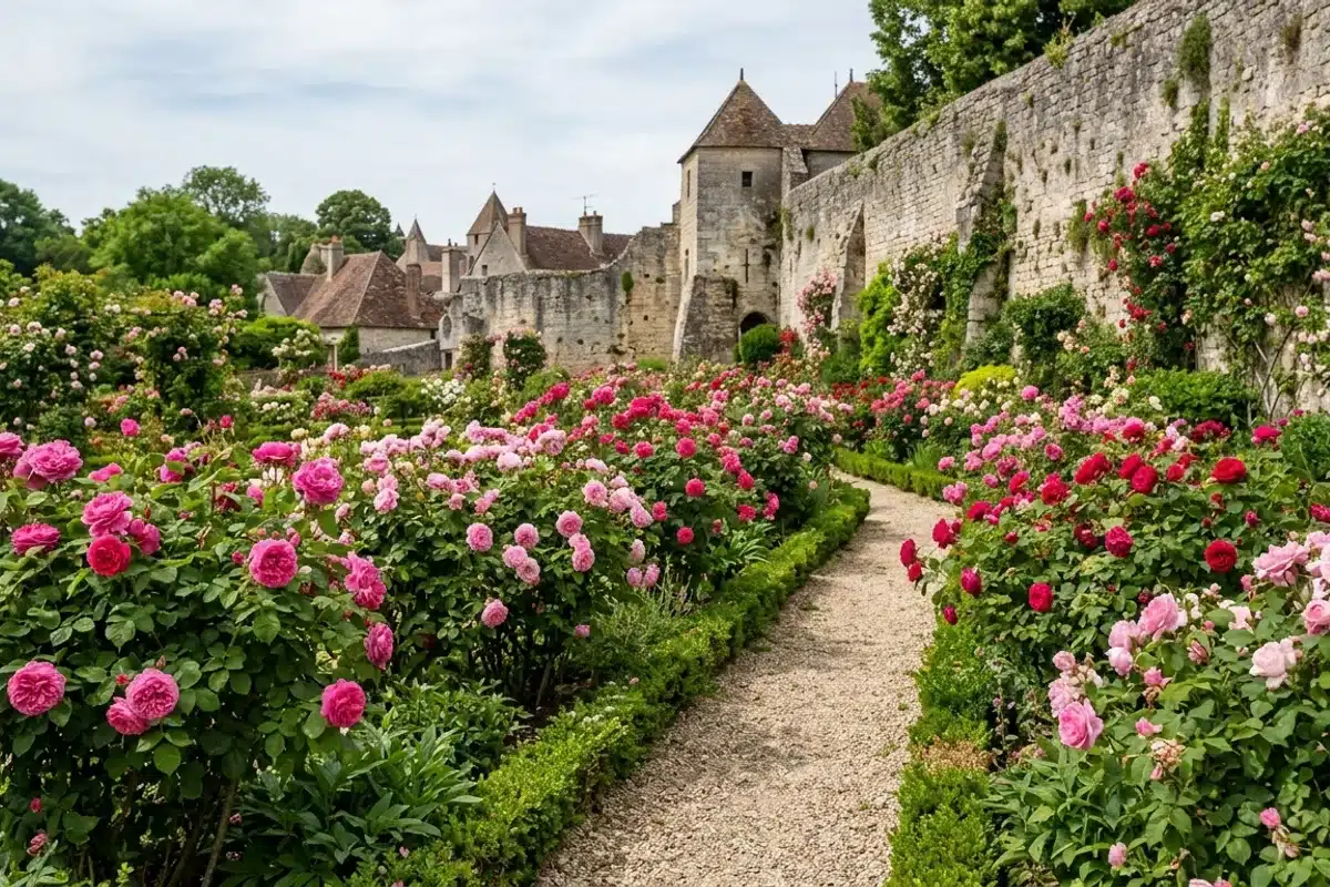 Allées de la roseraie de Provins en pleine floraison avec rosiers anciens roses et rouges