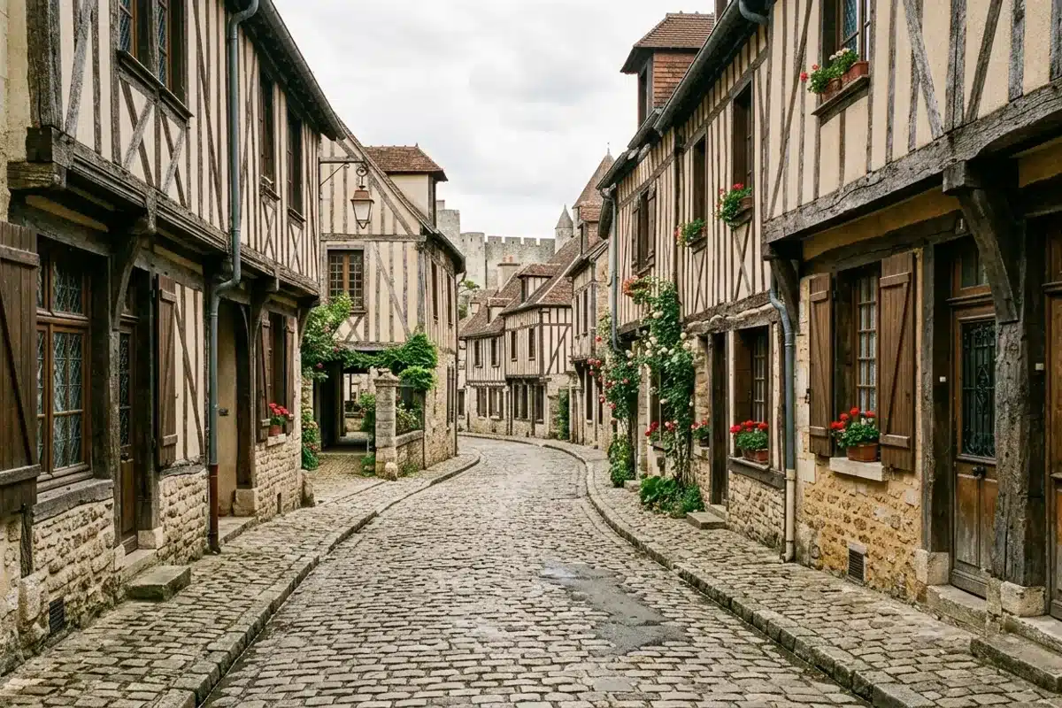 Rue pavée de la ville haute de Provins bordée de maisons à colombages médiévaux
