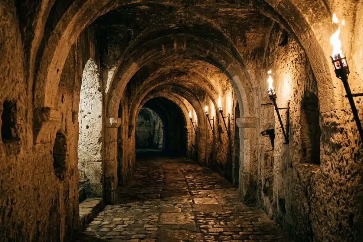 Galerie souterraine voûtée des souterrains de Provins creusée dans la craie au XIIe siècle