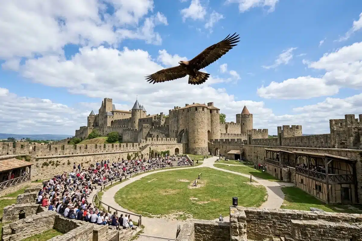 Aigle en vol lors du spectacle de fauconnerie aux Aigles des Remparts de Provins