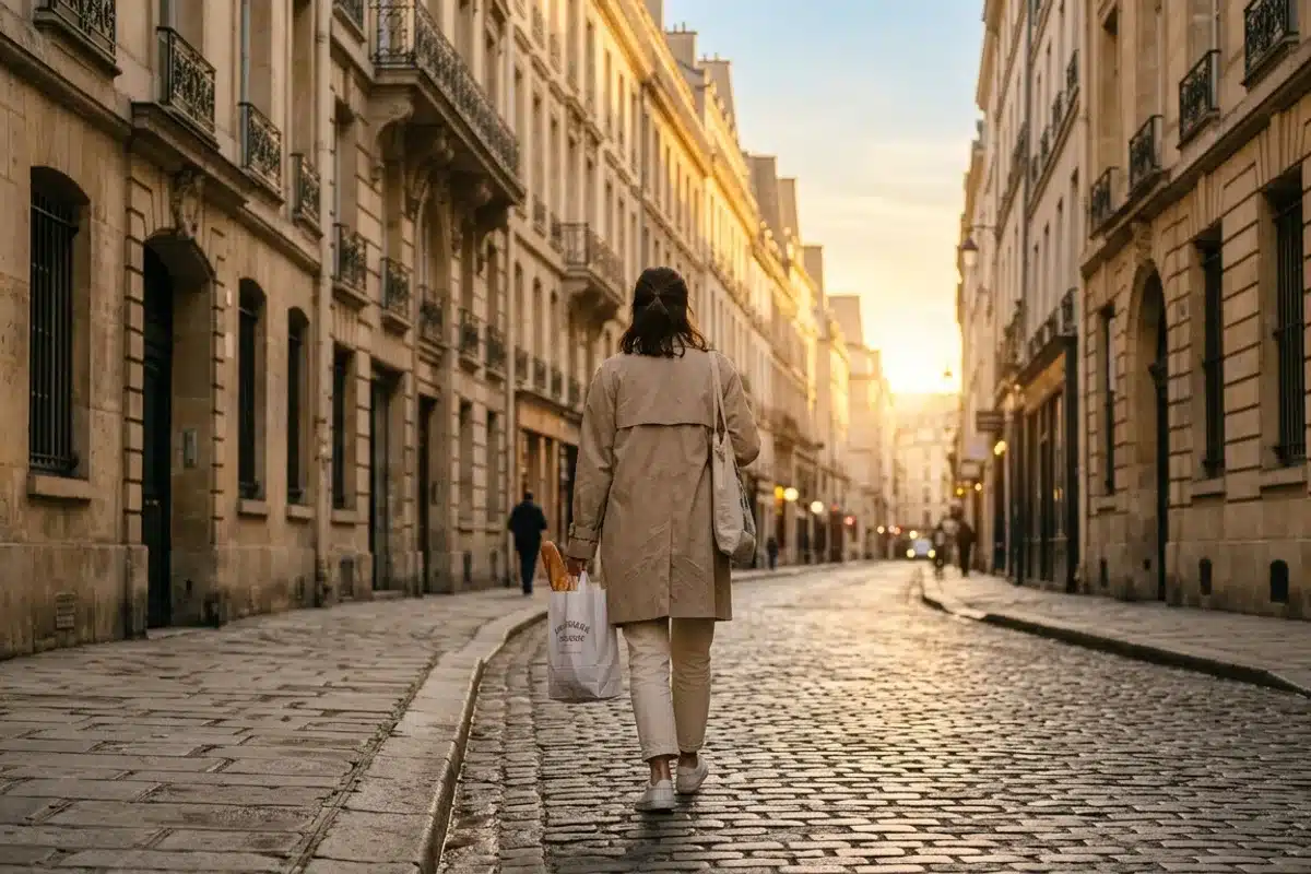 Promenade matinale avec le pain au chocolat à Paris Personne de dos dans une rue parisienne pavée, tenant un sac de boulangerie, au lever du soleil, bâtiments haussmanniens en arrière-plan