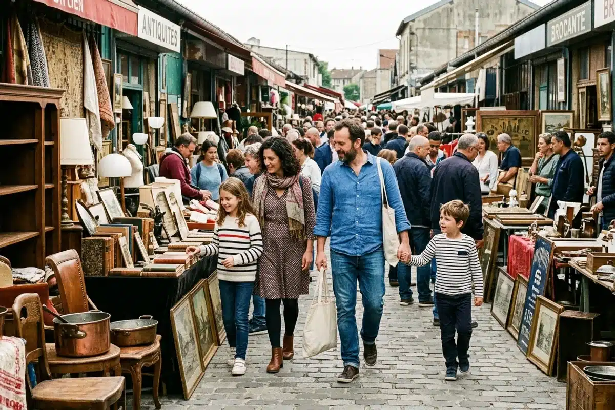 Famille visitant les puces de Saint-Ouen Famille se promenant dans l'allée des puces de Saint-Ouen un dimanche