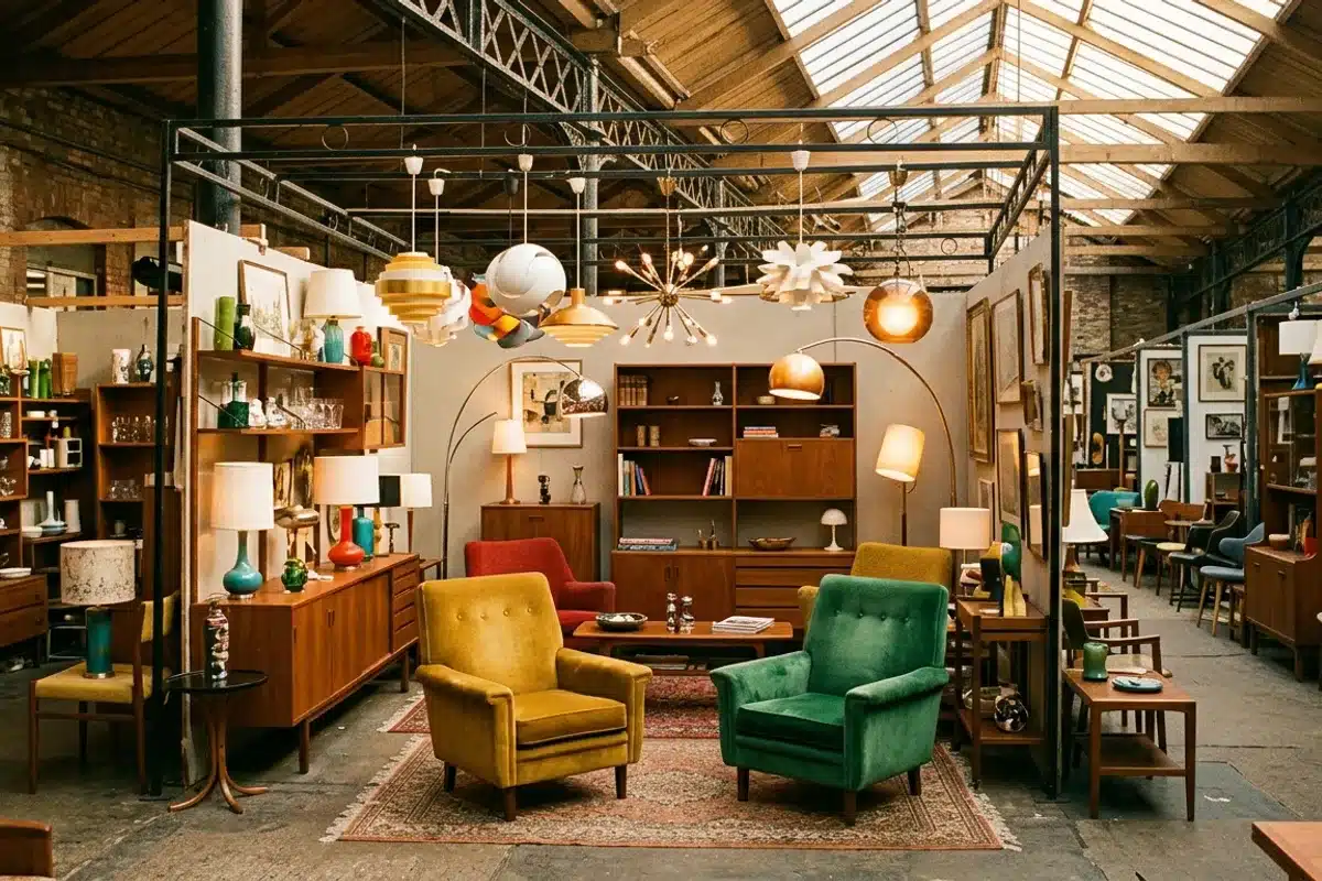 Intérieur d'un marché couvert des puces de Saint-Ouen Stands de mobilier vintage des années 50 à 70 dans un marché couvert des puces de Saint-Ouen