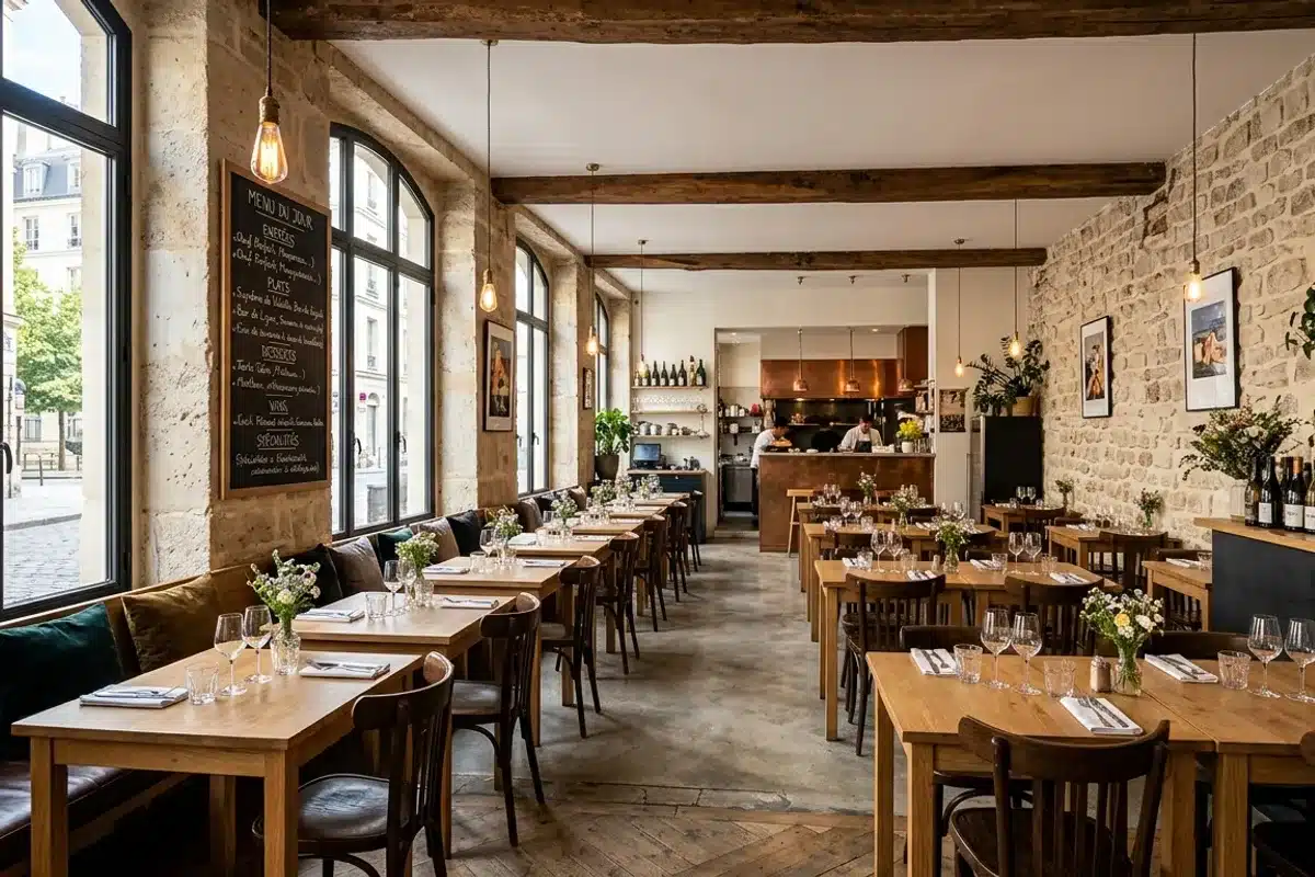Salle lumineuse d'un restaurant 1 étoile Michelin parisien, style bistronomique avec tables en bois et murs en pierre apparente