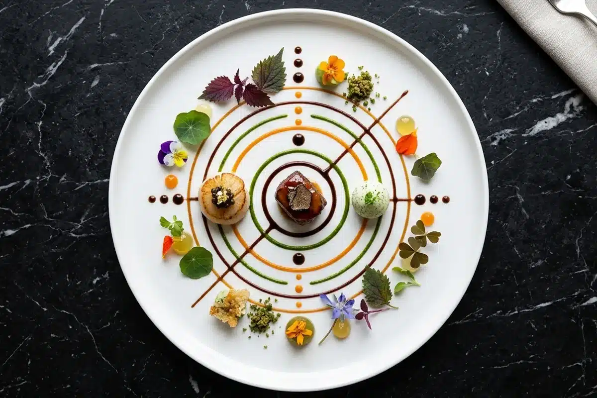 Présentation gastronomique d'un restaurant 3 étoiles Michelin à Paris : dressage précis sur porcelaine fine, sauces géométriques et fleurs comestibles