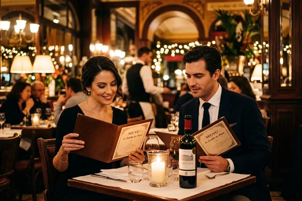 Couple élégant à table dans un restaurant étoilé parisien, lumière romantique aux bougies, femme en robe noire et homme en veston