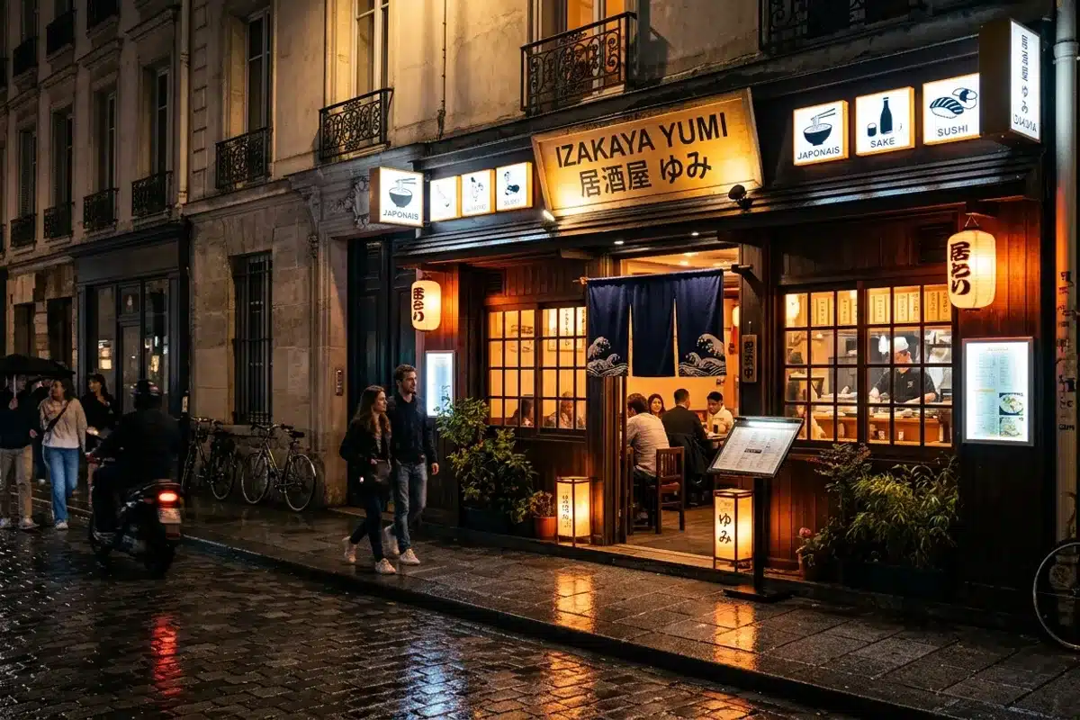 Devanture d'un restaurant de ramen japonais dans une rue de Paris illuminée la nuit