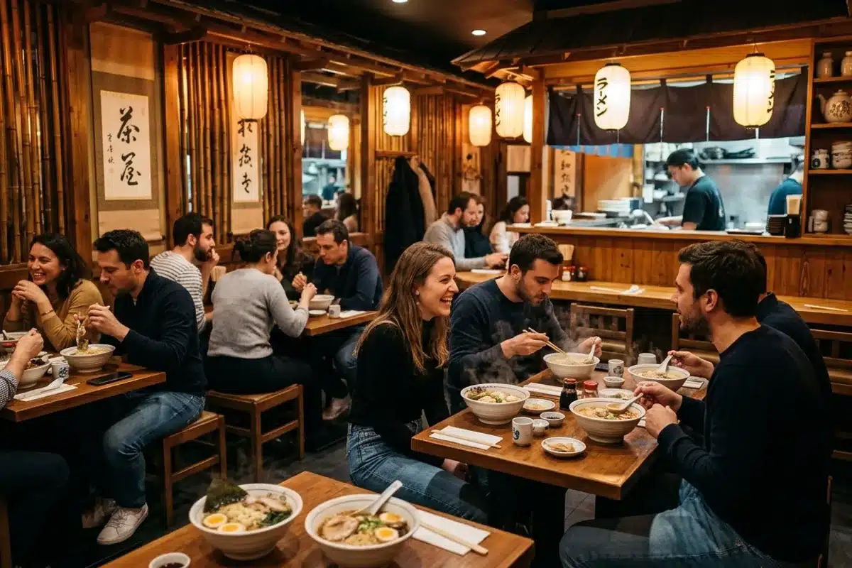 Salle d'un restaurant de ramen à Paris avec des clients attablés devant des bols fumants