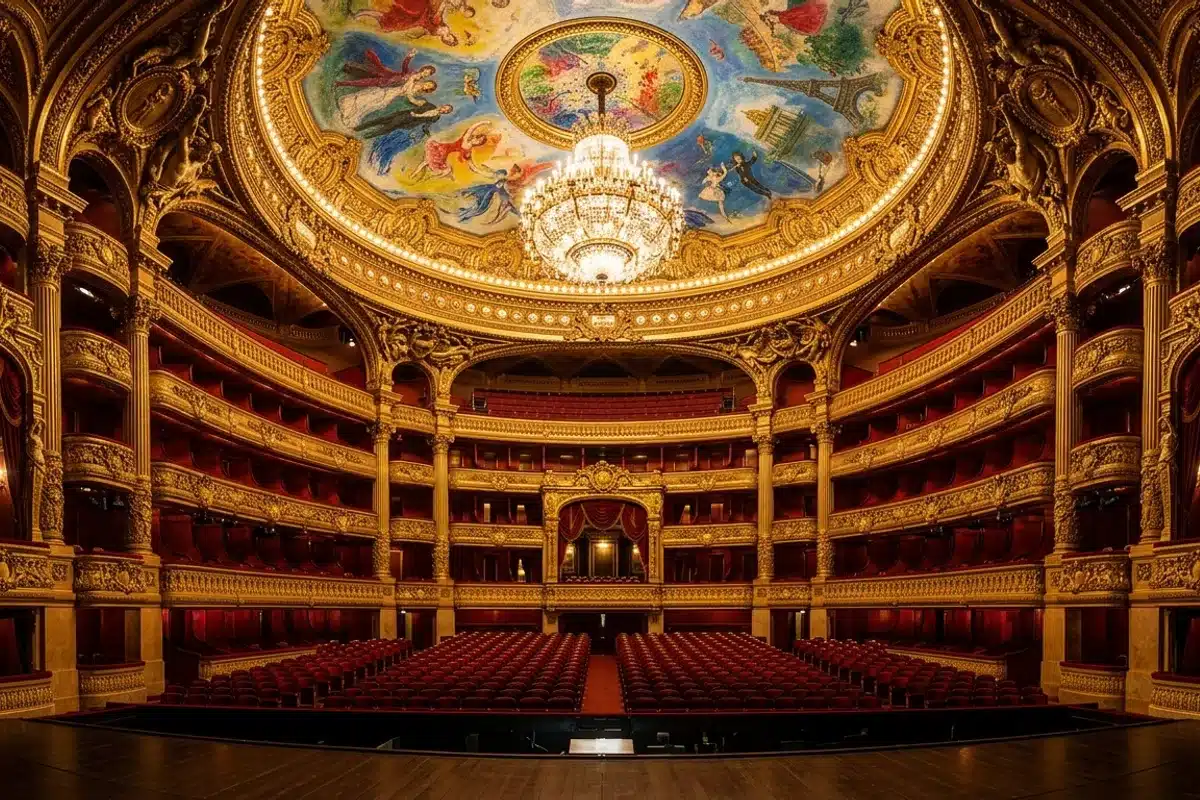 Salle de spectacle de l'Opéra Garnier et plafond de Chagall Salle de l'Opéra Garnier avec ses fauteuils de velours rouge et le plafond peint par Marc Chagall