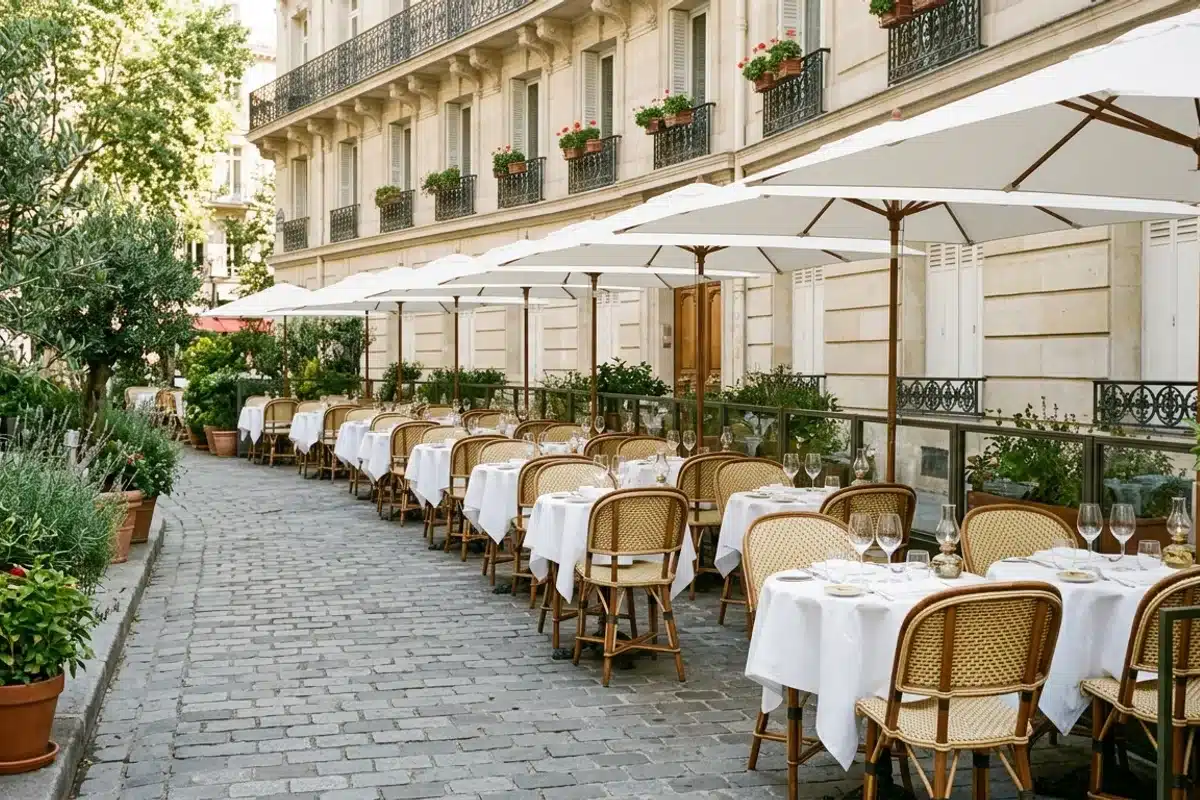 Terrasse d'un restaurant parisien élégant, tables dressées avec nappes blanches, chaises en rotin et parasols