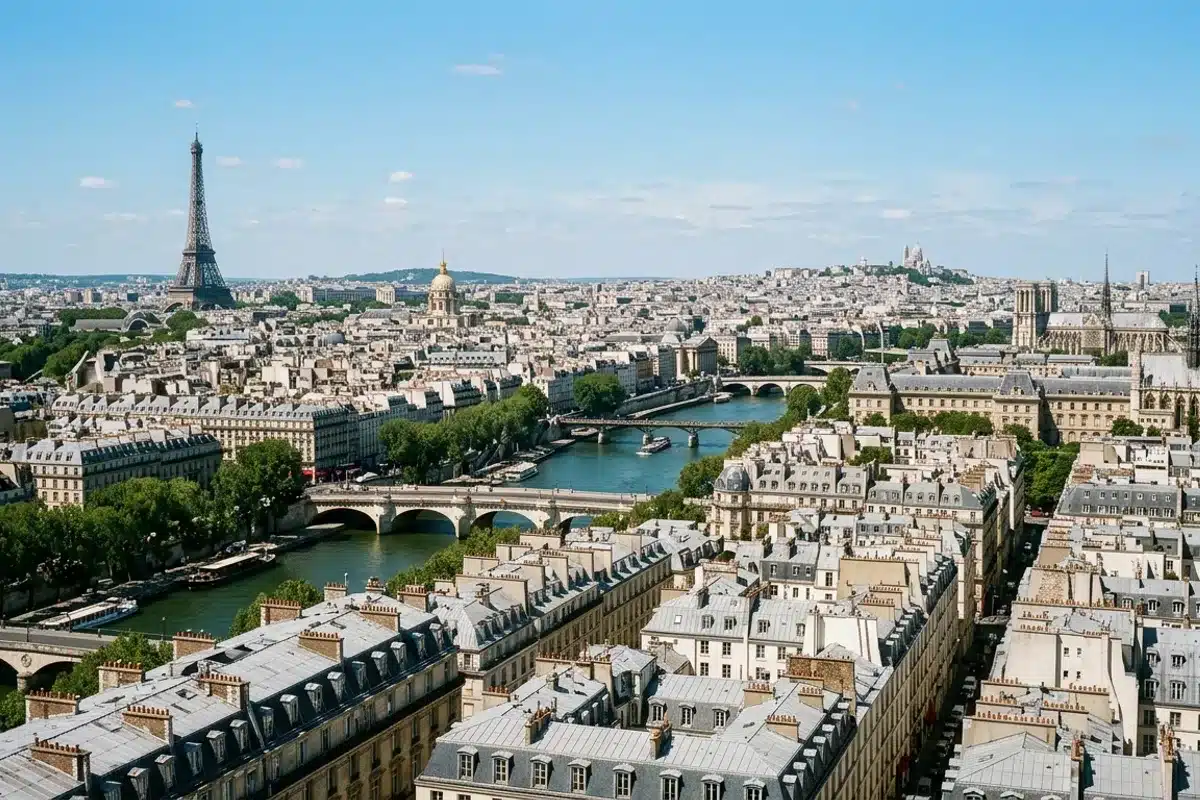 Vue panoramique sur Paris depuis le 2e étage de la Tour Eiffel Vue panoramique sur les toits de Paris et la Seine depuis le 2e étage de la Tour Eiffel