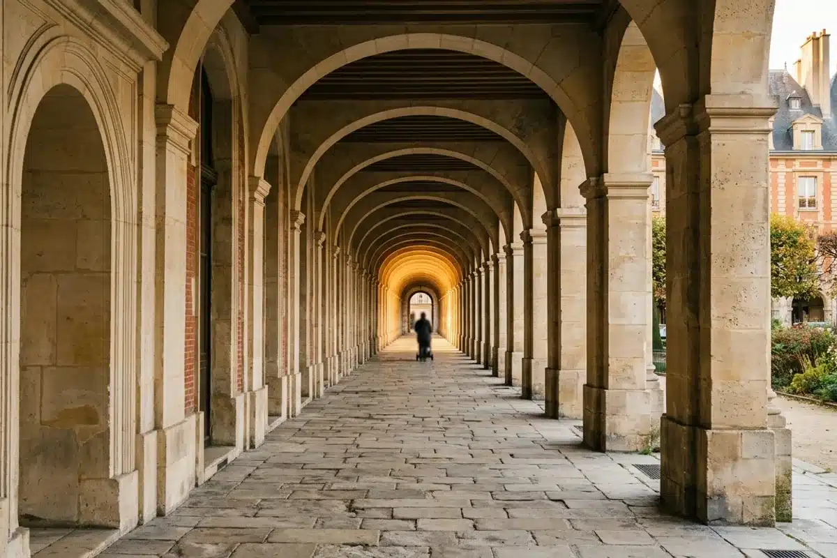Arcades de la place des Vosges Galerie sous les arcades de pierre de la place des Vosges, perspective d'arches